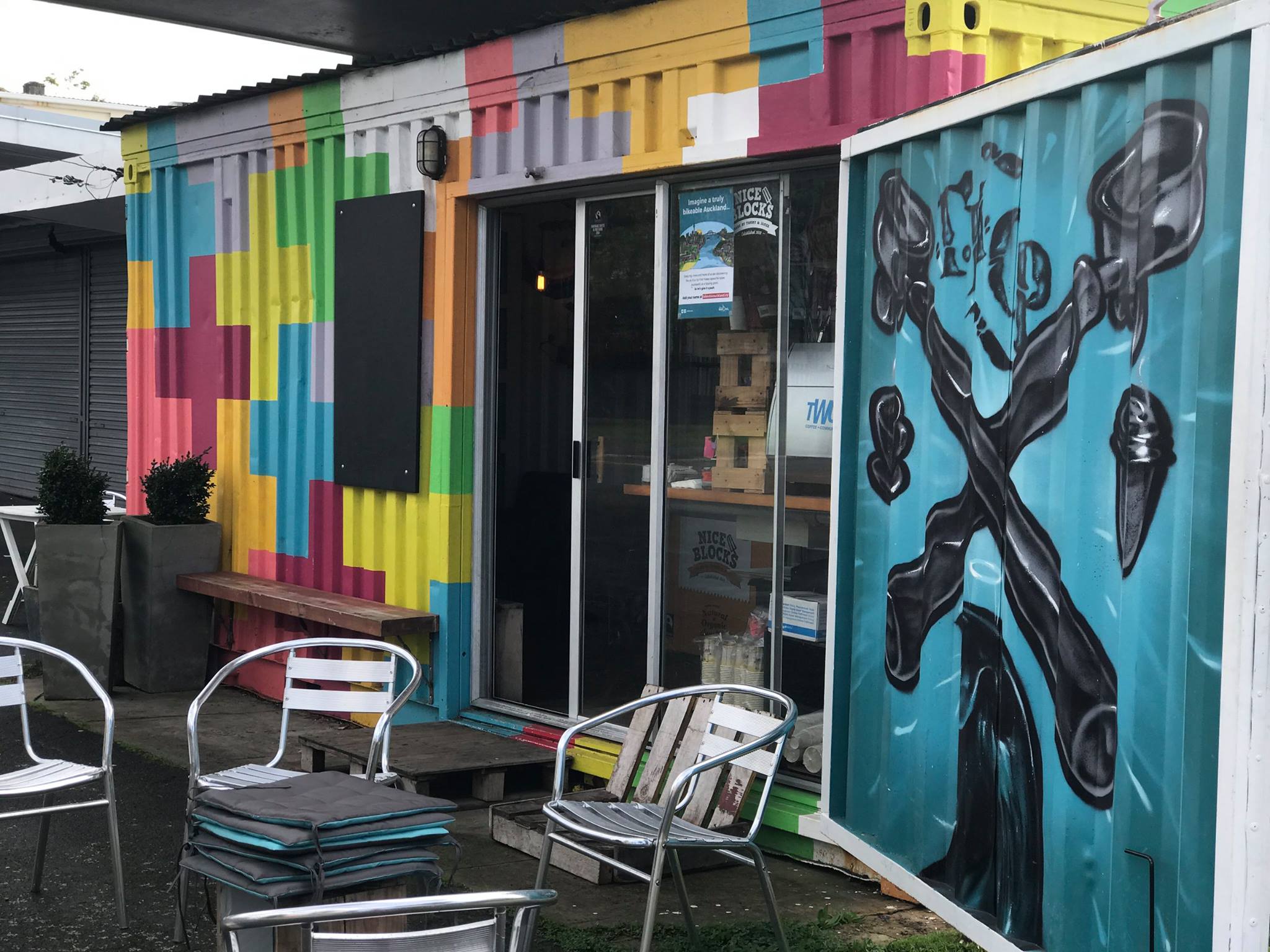 The exterior of the Waterview Coffee Project, housed in a shipping container