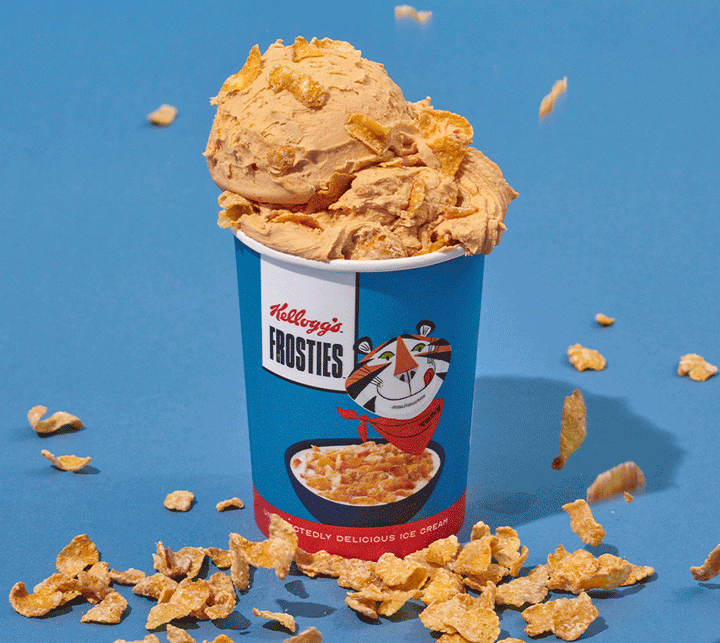 Kellogg’s Frosties is a rich vanilla ice cream with frosted corn flakes. Made with Tony’s closely guarded secret recipe- it’s gr-r-reat!