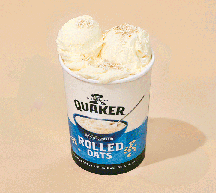 Quaker Rolled Oats is a creamy ice cream blended with Quaker’s 100% wholegrain oats with maple syrup for a touch of sweetness.