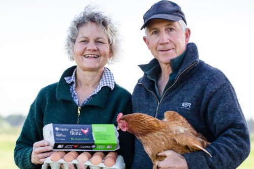 Maurice and Neroli with chicken and eggs