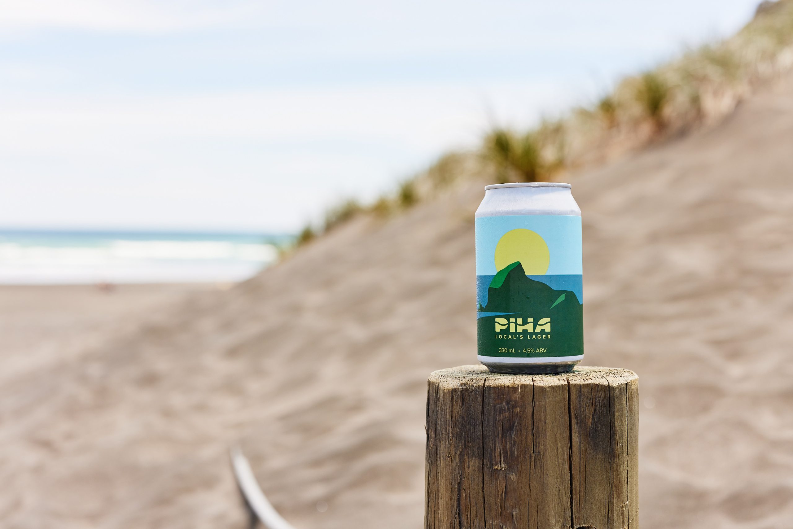 craft beer can against sand dune and sea background