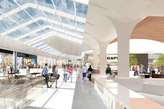 Mock up image of shopping mall interior, featuring white walls and a glass window ceiling