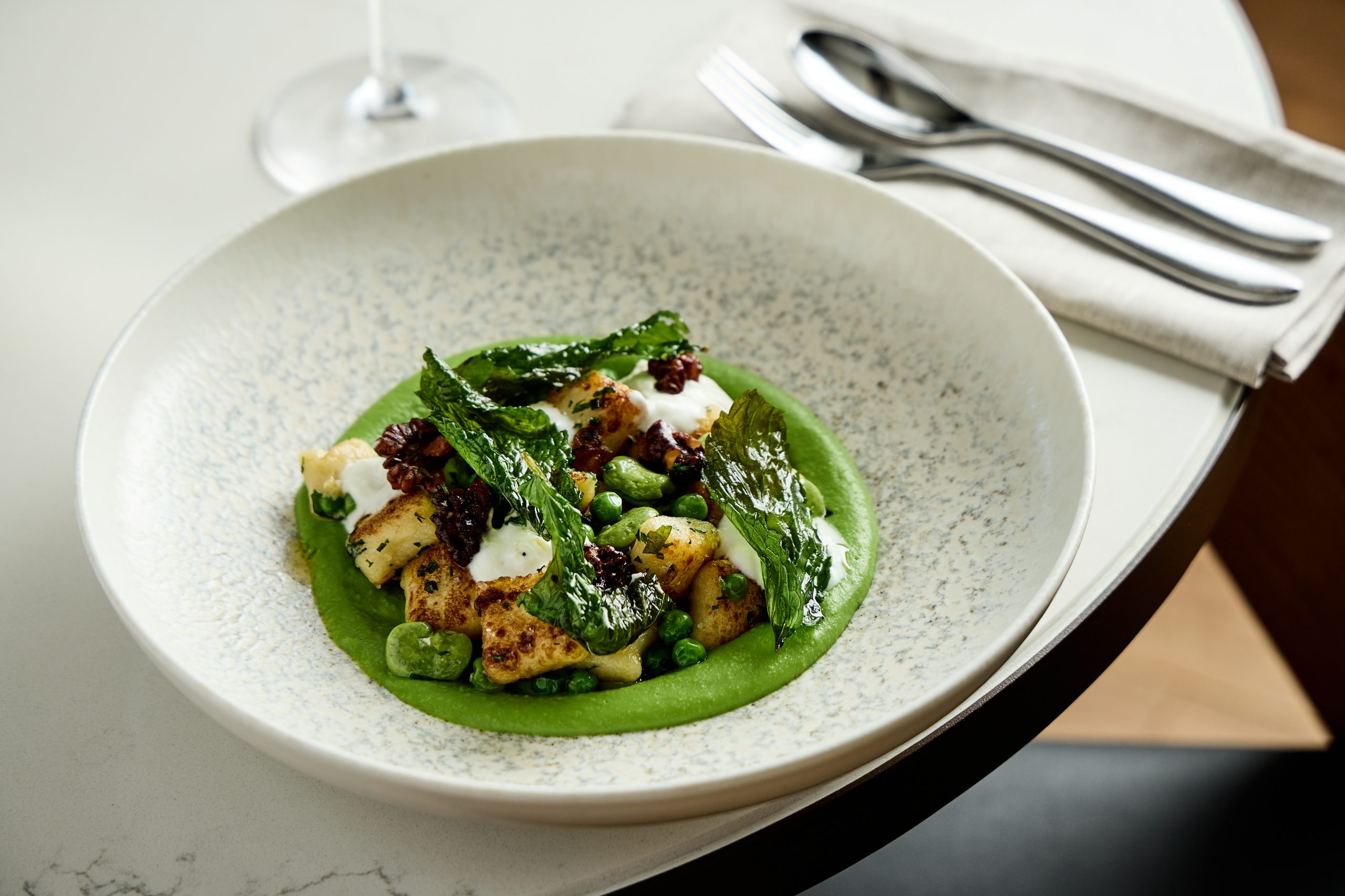 Fried Gnocchi, spring peas, broad beans, mint, goats curd & candied walnuts (1)